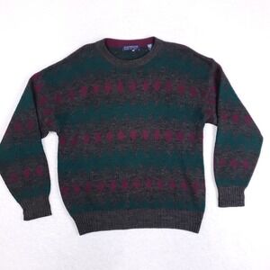 CLAYBROOKE Vintage Sweater Men L Gray Teal Wool Blend Geometric Grandpa Crewneck